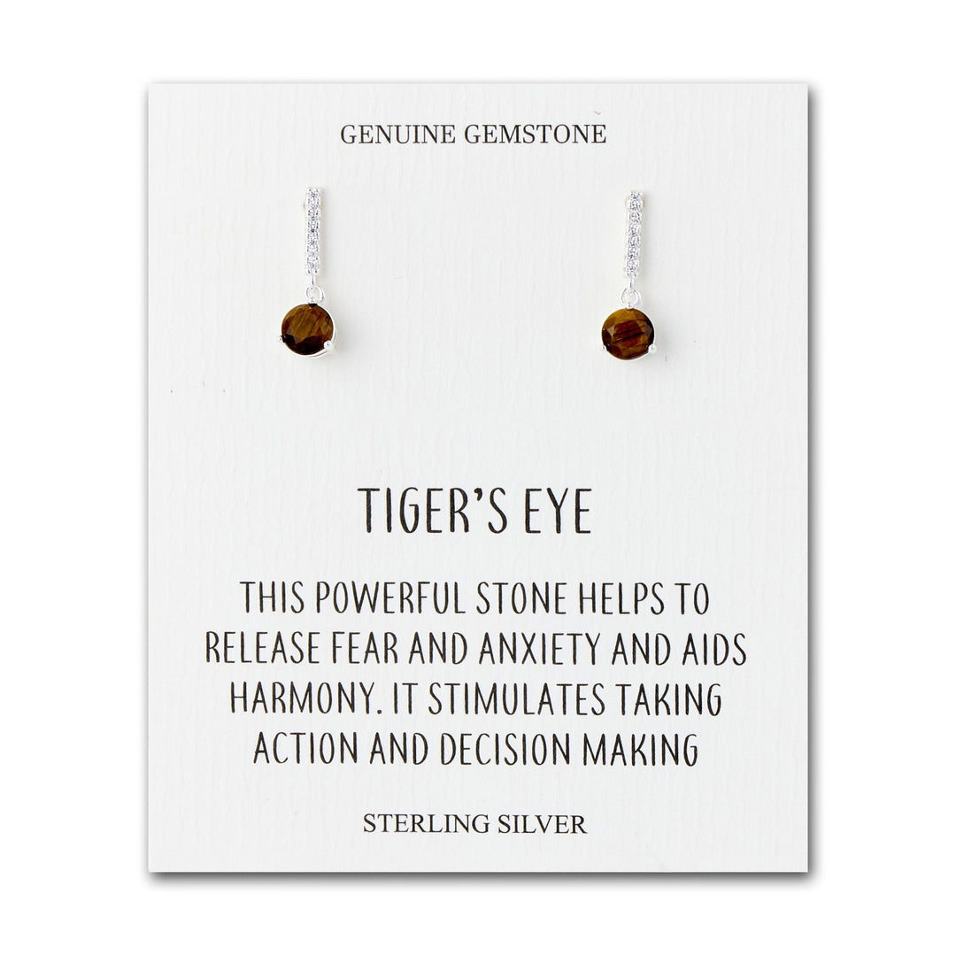 Sterling Silver Tigers Eye Gemstone Drop Earrings with Quote Card - Philip Jones Jewellery