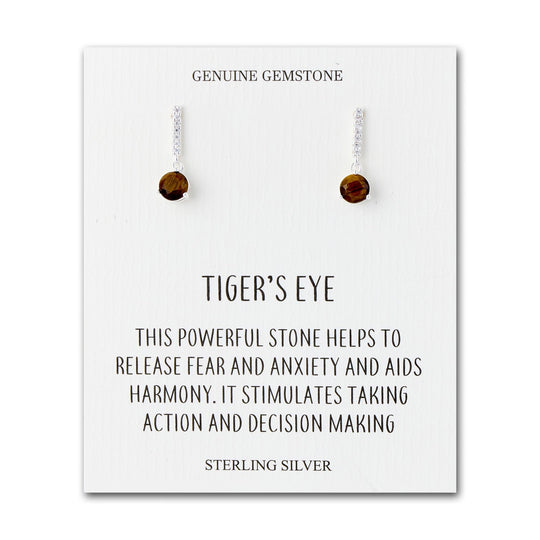 Sterling Silver Tigers Eye Gemstone Drop Earrings with Quote Card - Philip Jones Jewellery