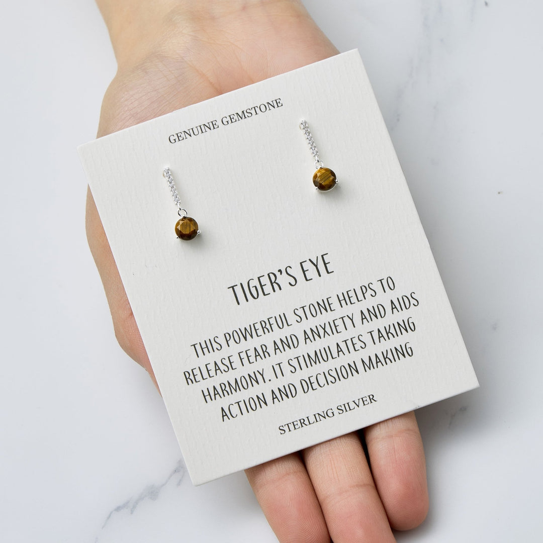 Sterling Silver Tigers Eye Gemstone Drop Earrings with Quote Card - Philip Jones Jewellery
