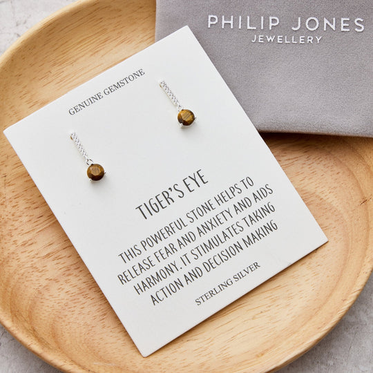 Sterling Silver Tigers Eye Gemstone Drop Earrings with Quote Card - Philip Jones Jewellery