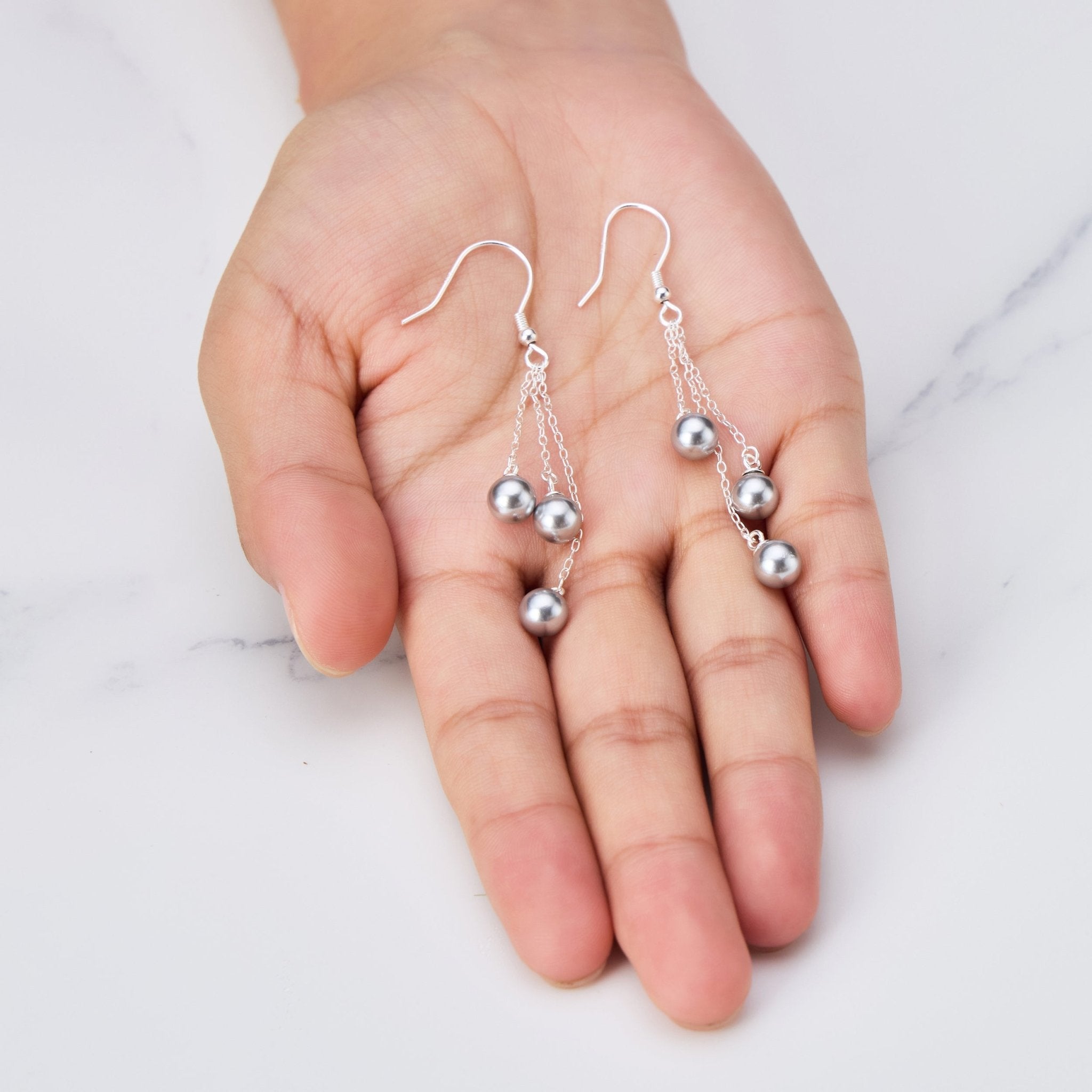 Sterling Silver Triple Grey Pearl Drop Earrings - Philip Jones Jewellery