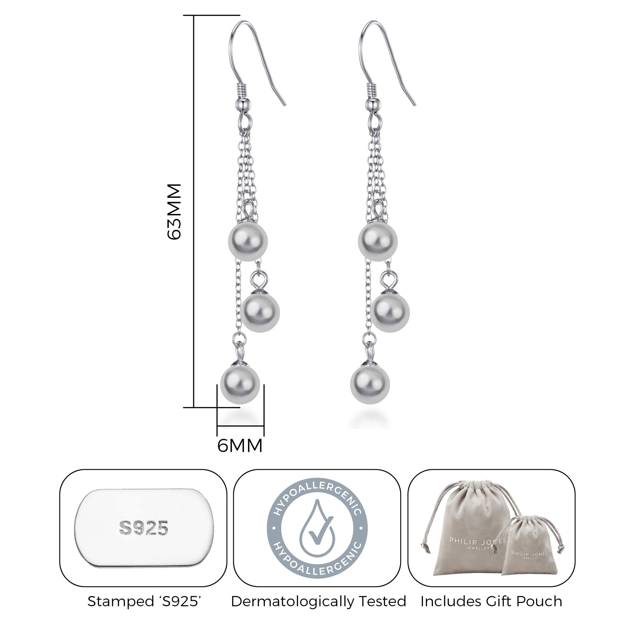 Sterling Silver Triple Grey Pearl Drop Earrings - Philip Jones Jewellery