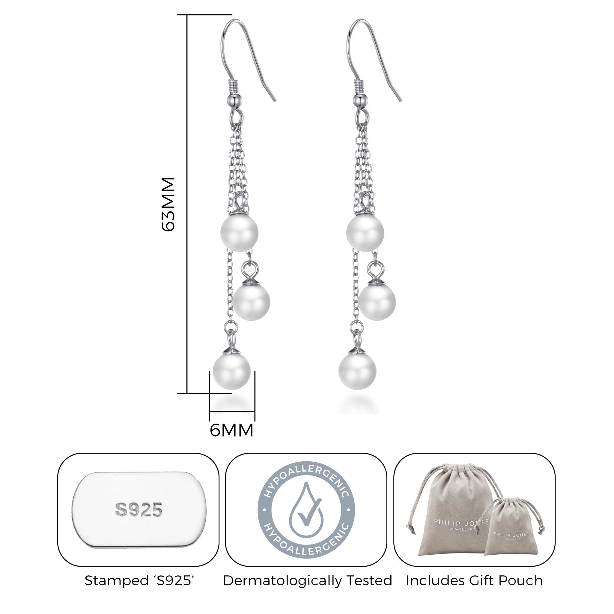 Sterling Silver Triple White Pearl Drop Earrings - Philip Jones Jewellery