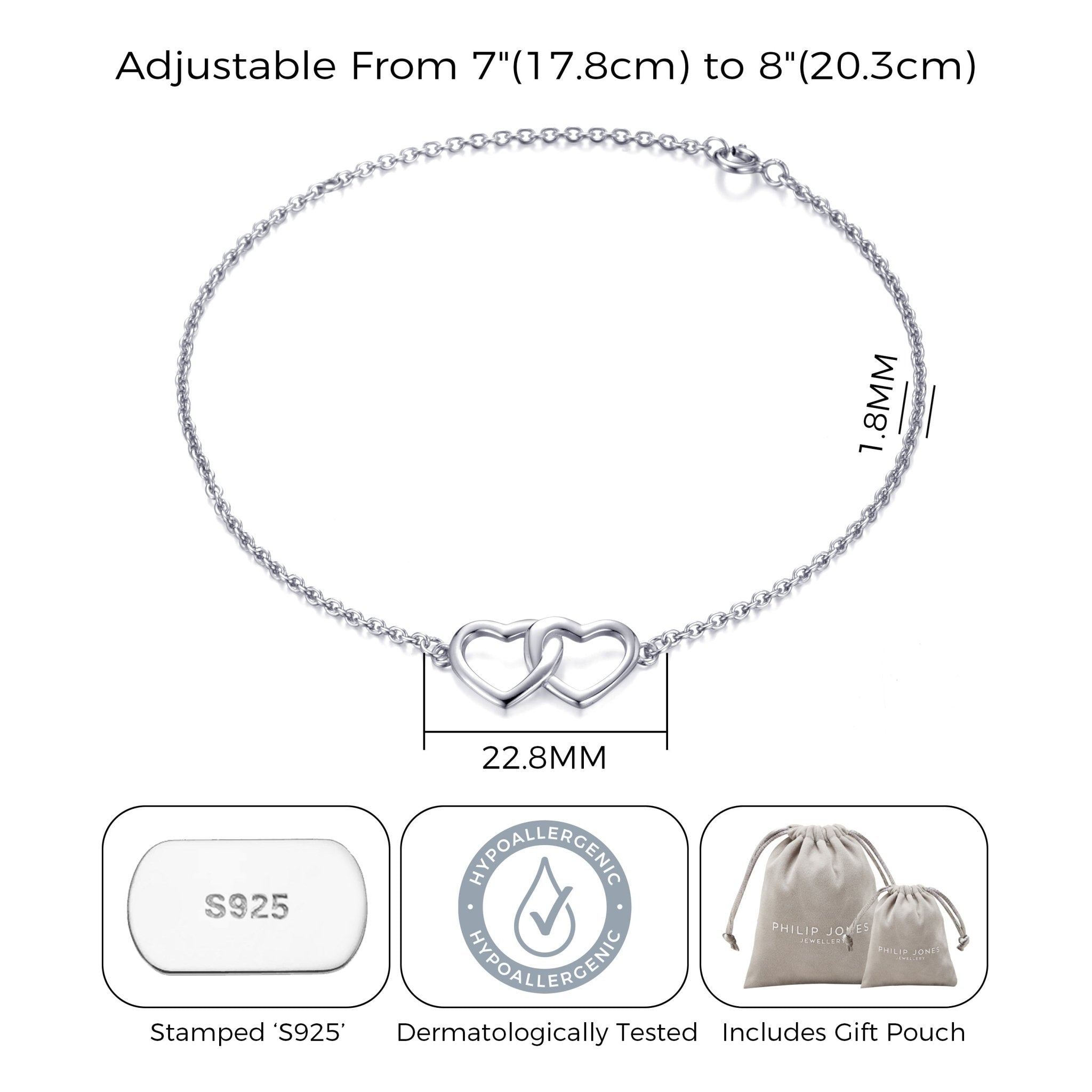 Sterling Silver True Friendship Heart Link Bracelet - Philip Jones Jewellery