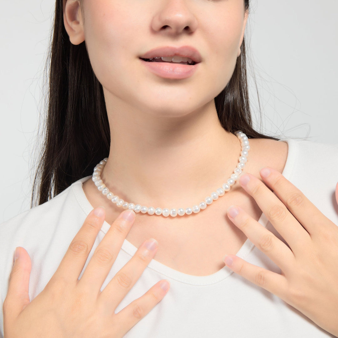Sterling Silver White Freshwater Pearl Strand Choker Necklace
