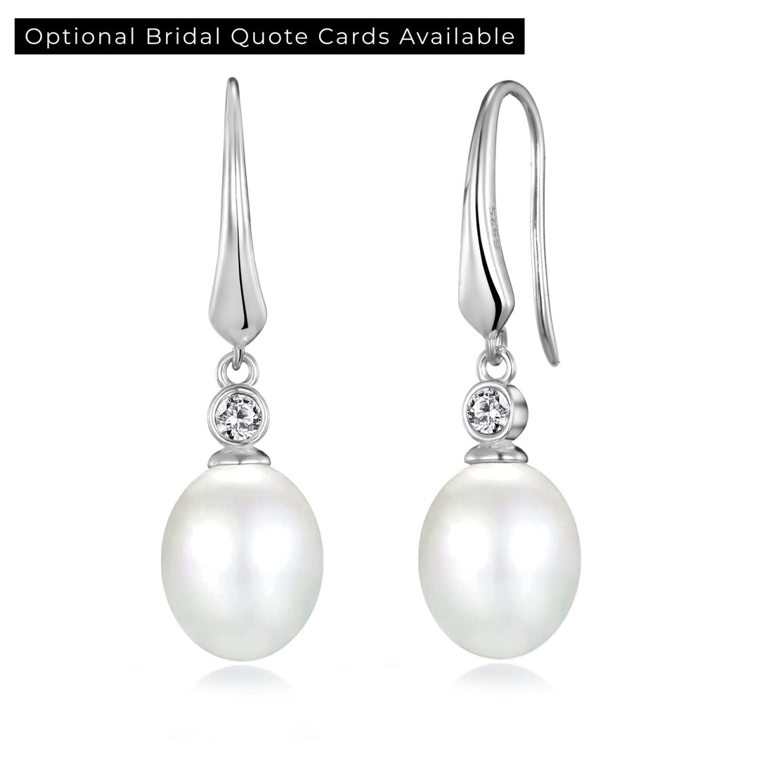 Sterling Silver White Pearl Drop Bridal Earrings Created with Zircondia® Crystals - Philip Jones Jewellery