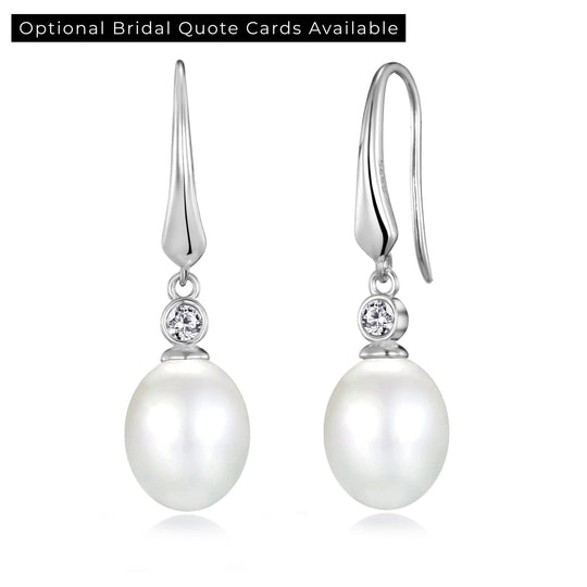 Sterling Silver White Pearl Drop Bridal Earrings Created with Zircondia® Crystals - Philip Jones Jewellery