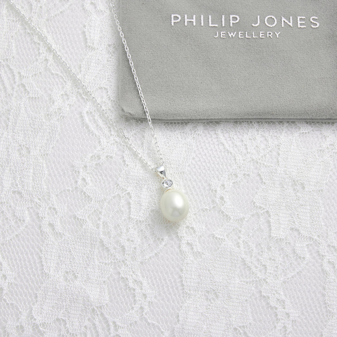 Sterling Silver White Pearl Drop Bridal Necklace Created with Zircondia® Crystals - Philip Jones Jewellery
