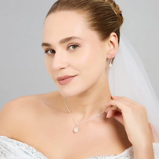 Sterling Silver White Pearl Drop Bridal Set Created with Zircondia® Crystals - Philip Jones Jewellery