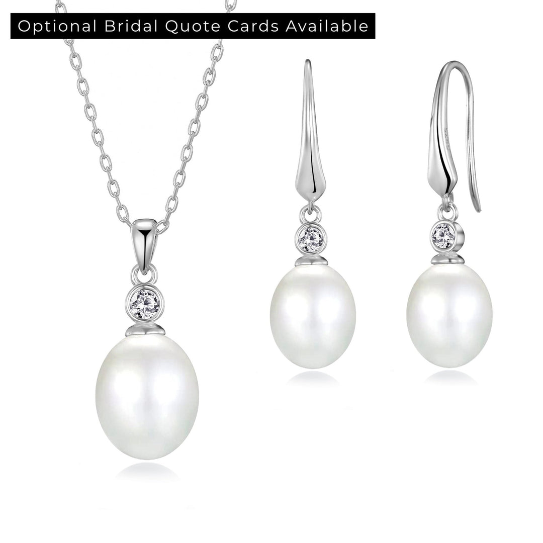 Sterling Silver White Pearl Drop Bridal Set Created with Zircondia® Crystals - Philip Jones Jewellery