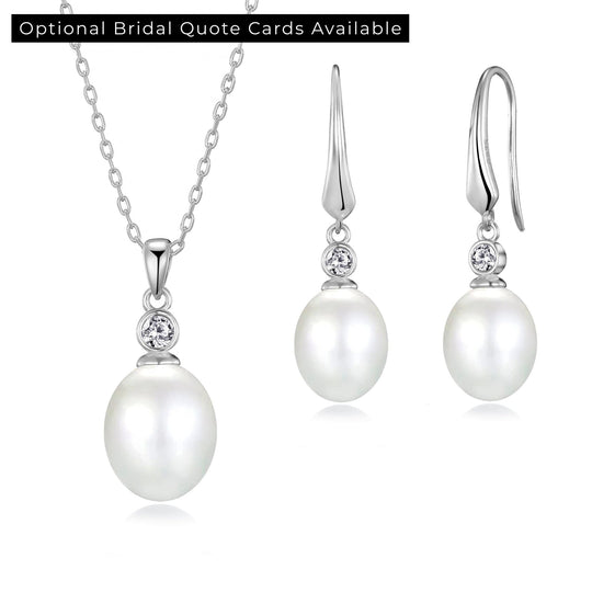 Sterling Silver White Pearl Drop Bridal Set Created with Zircondia® Crystals - Philip Jones Jewellery