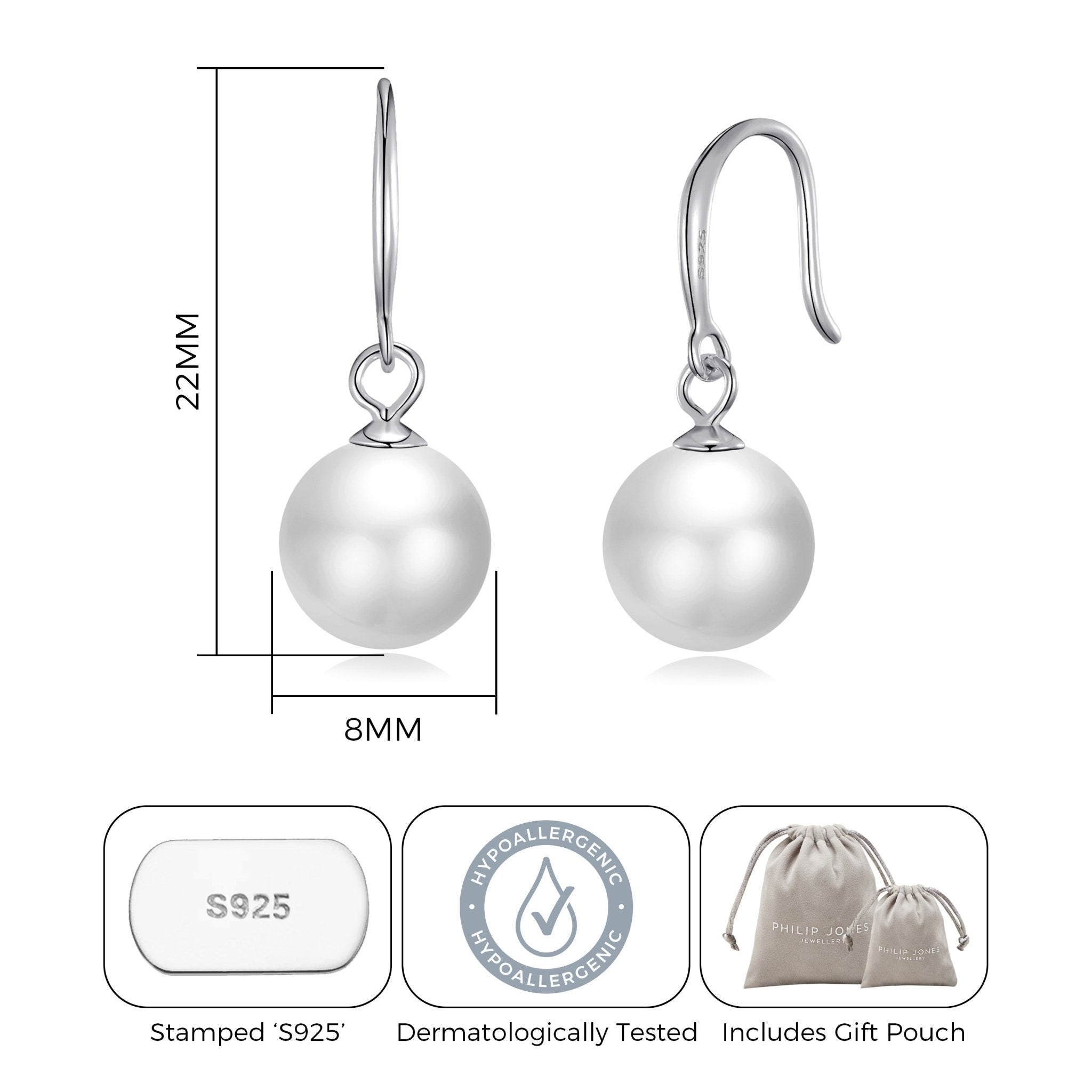 Sterling Silver White Pearl Drop Earrings - Philip Jones Jewellery