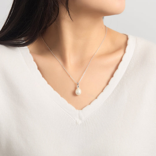 Sterling Silver White Pearl Drop Necklace Created with Zircondia® Crystals - Philip Jones Jewellery