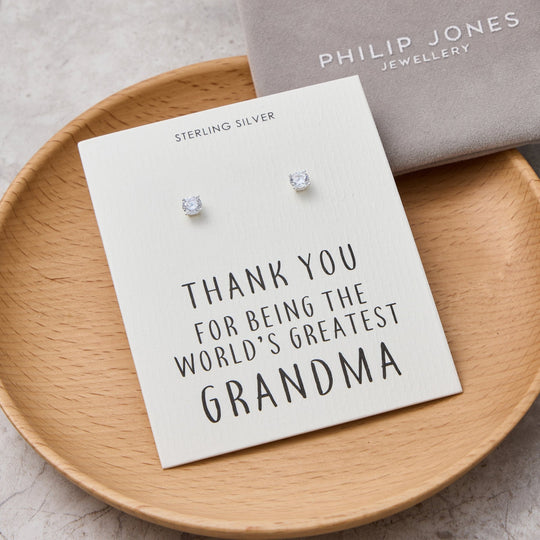 Sterling Silver World's Greatest Grandma Crystal Earrings - Philip Jones Jewellery