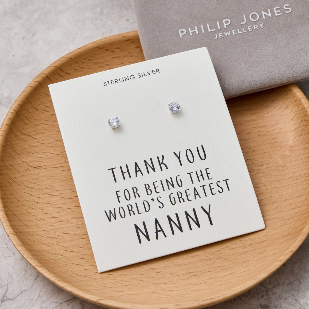 Sterling Silver World's Greatest Nanny Crystal Earrings - Philip Jones Jewellery