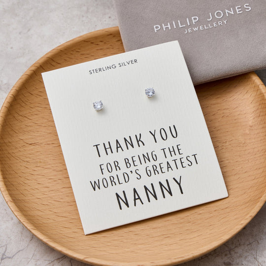 Sterling Silver World's Greatest Nanny Crystal Earrings - Philip Jones Jewellery