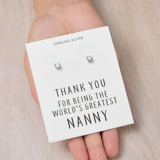 Sterling Silver World's Greatest Nanny Crystal Earrings - Philip Jones Jewellery