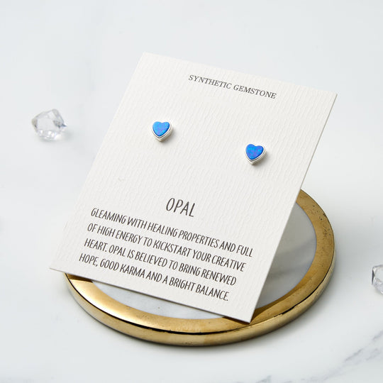 Synthetic Blue Opal Heart Stud Earrings with Quote Card - Philip Jones Jewellery