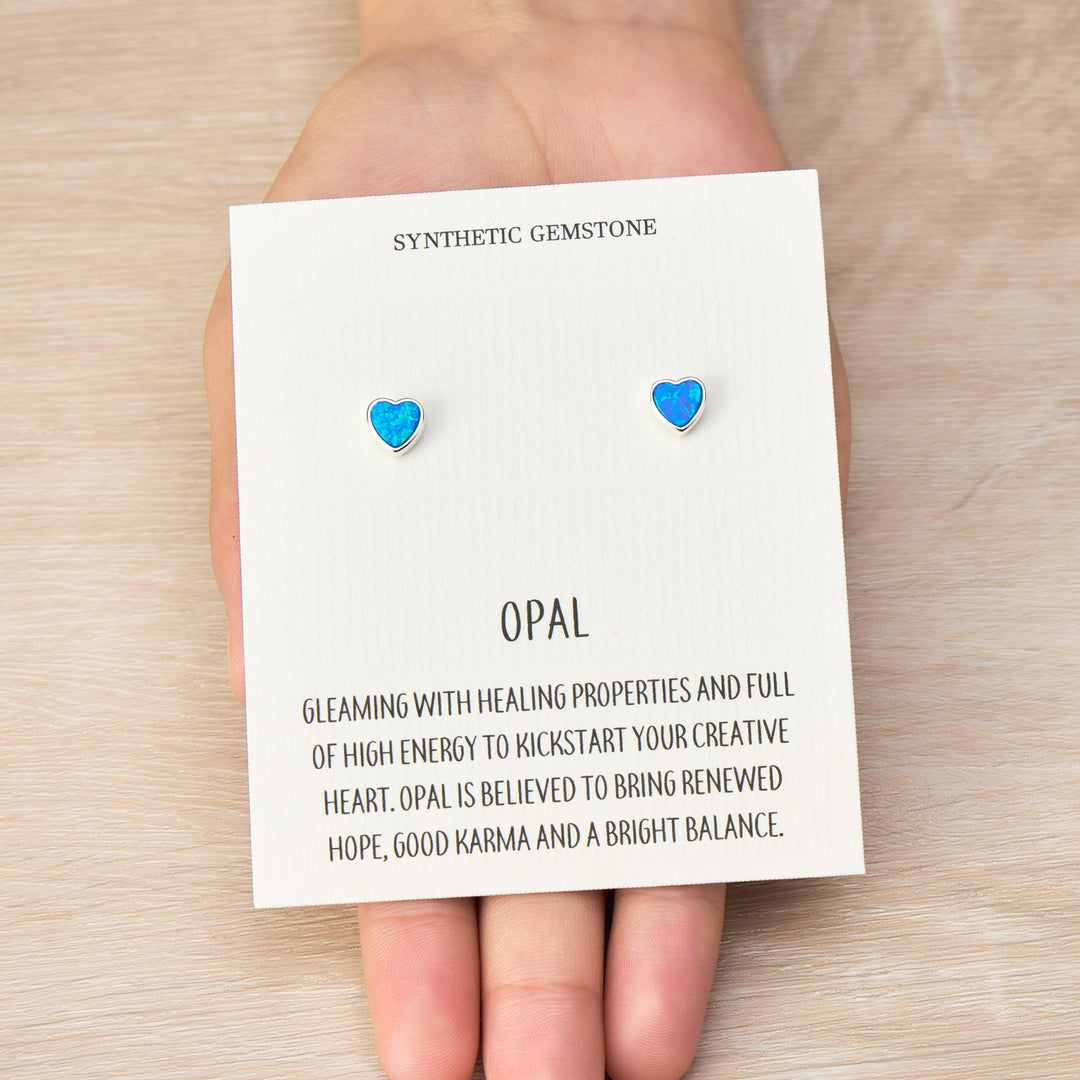 Synthetic Blue Opal Heart Stud Earrings with Quote Card - Philip Jones Jewellery