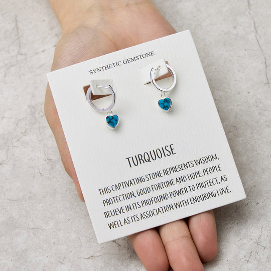 Synthetic Turquoise Gemstone Heart Charm Hoop Earrings with Quote Card - Philip Jones Jewellery