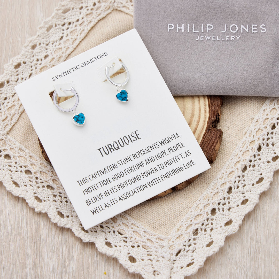 Synthetic Turquoise Gemstone Heart Charm Hoop Earrings with Quote Card - Philip Jones Jewellery