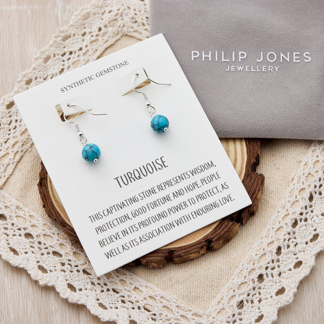 Synthetic Turquoise Gemstone Round Drop Earrings with Quote Card - Philip Jones Jewellery