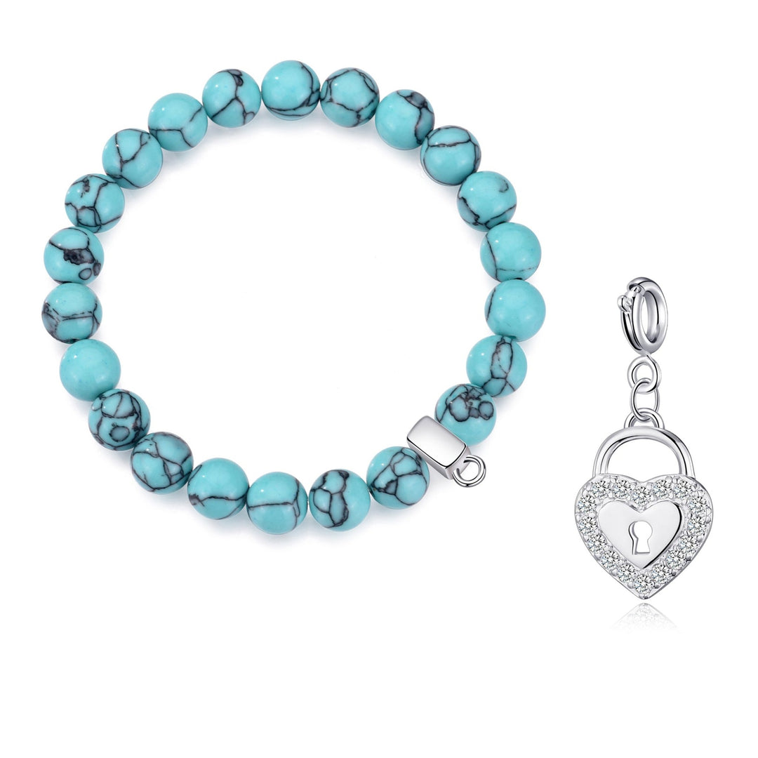 Synthetic Turquoise Gemstone Stretch Bracelet with Charm Created with Zircondia® Crystals - Philip Jones Jewellery