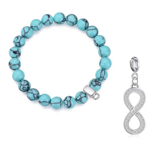 Synthetic Turquoise Gemstone Stretch Bracelet with Charm Created with Zircondia® Crystals - Philip Jones Jewellery