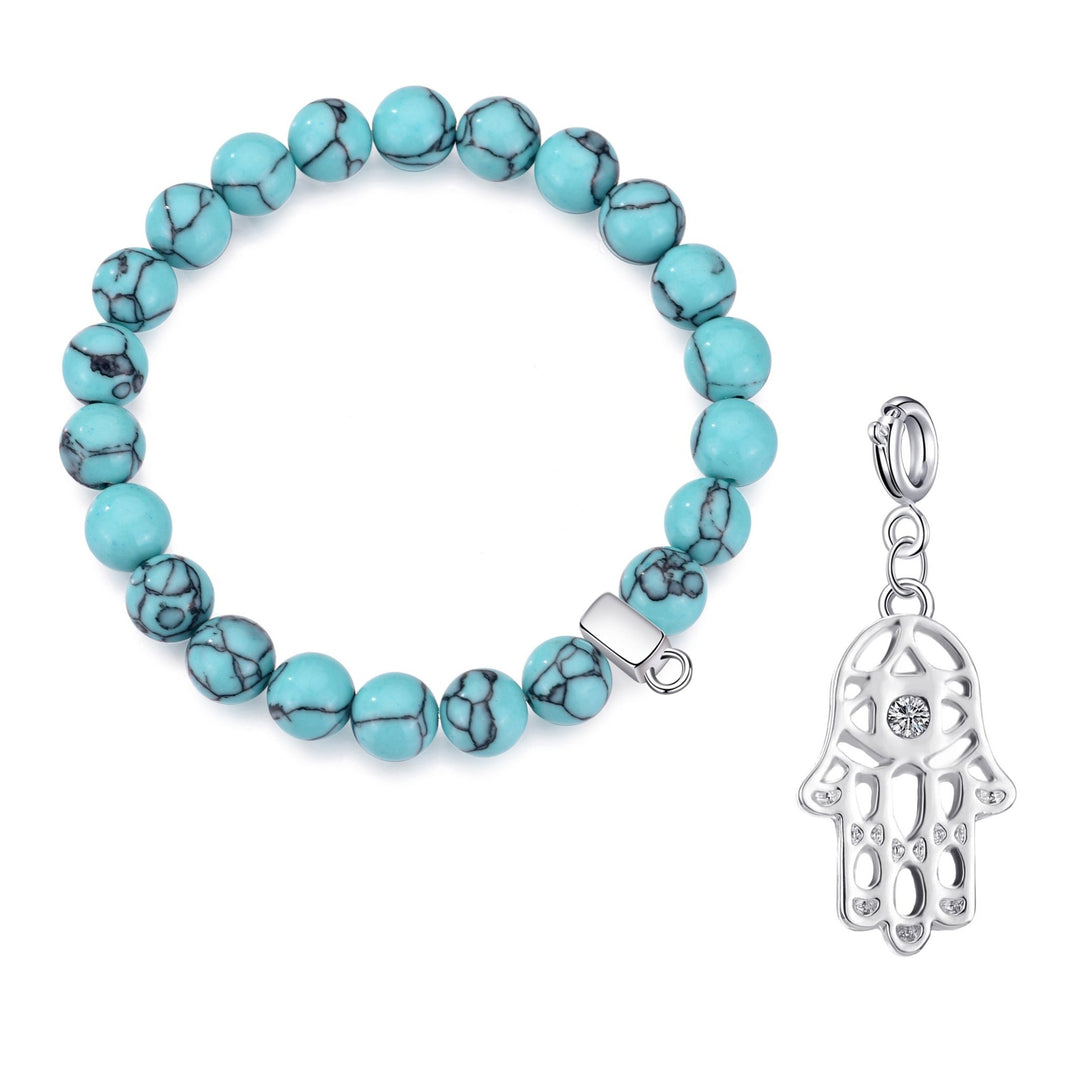 Synthetic Turquoise Gemstone Stretch Bracelet with Charm Created with Zircondia® Crystals - Philip Jones Jewellery