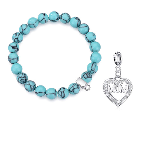 Synthetic Turquoise Gemstone Stretch Bracelet with Charm Created with Zircondia® Crystals - Philip Jones Jewellery