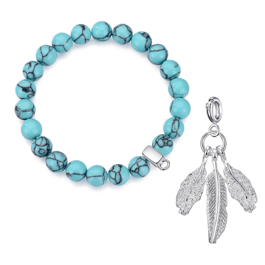 Synthetic Turquoise Gemstone Stretch Bracelet with Charm Created with Zircondia® Crystals - Philip Jones Jewellery
