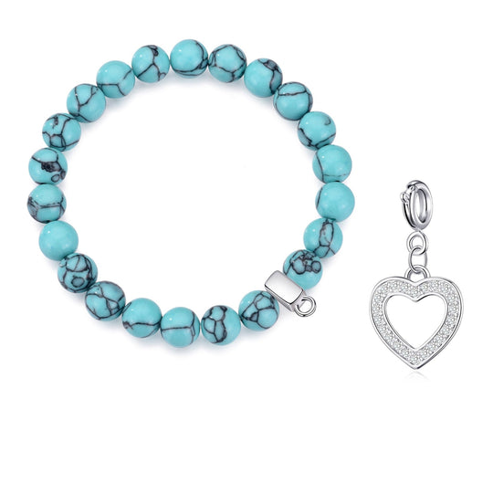 Synthetic Turquoise Gemstone Stretch Bracelet with Charm Created with Zircondia® Crystals - Philip Jones Jewellery