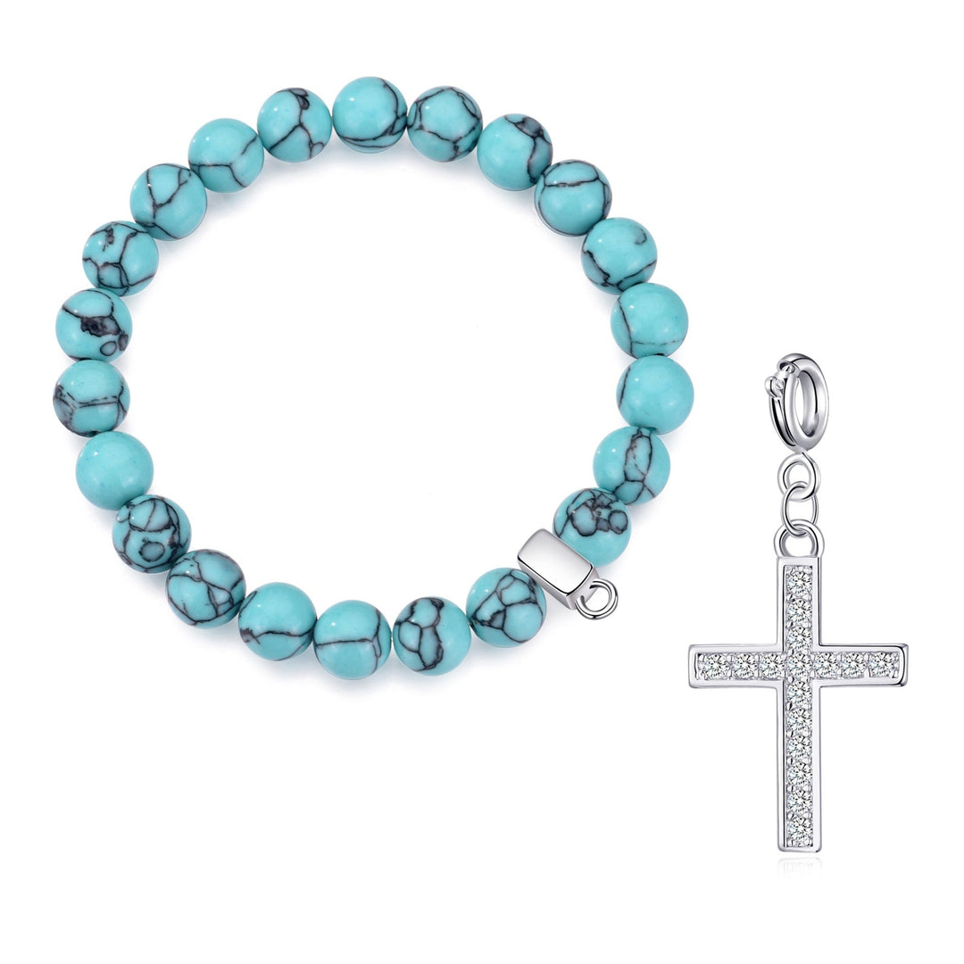 Synthetic Turquoise Gemstone Stretch Bracelet with Charm Created with Zircondia® Crystals - Philip Jones Jewellery