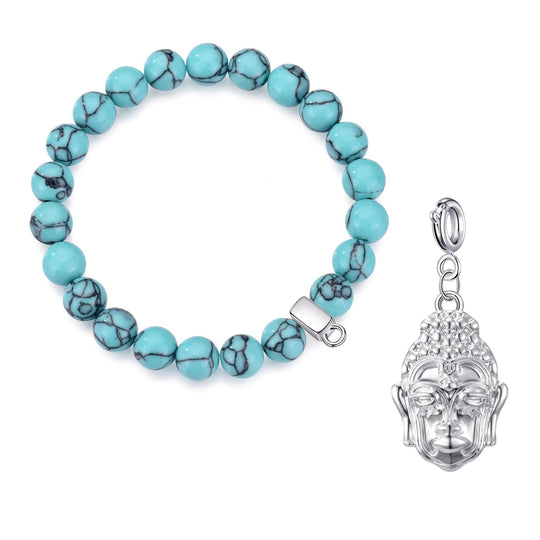 Synthetic Turquoise Gemstone Stretch Bracelet with Charm Created with Zircondia® Crystals - Philip Jones Jewellery