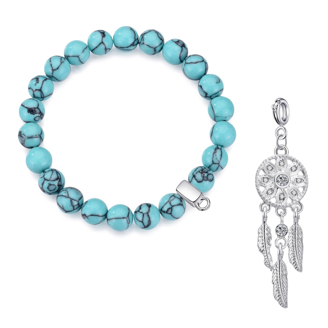 Synthetic Turquoise Gemstone Stretch Bracelet with Charm Created with Zircondia® Crystals - Philip Jones Jewellery