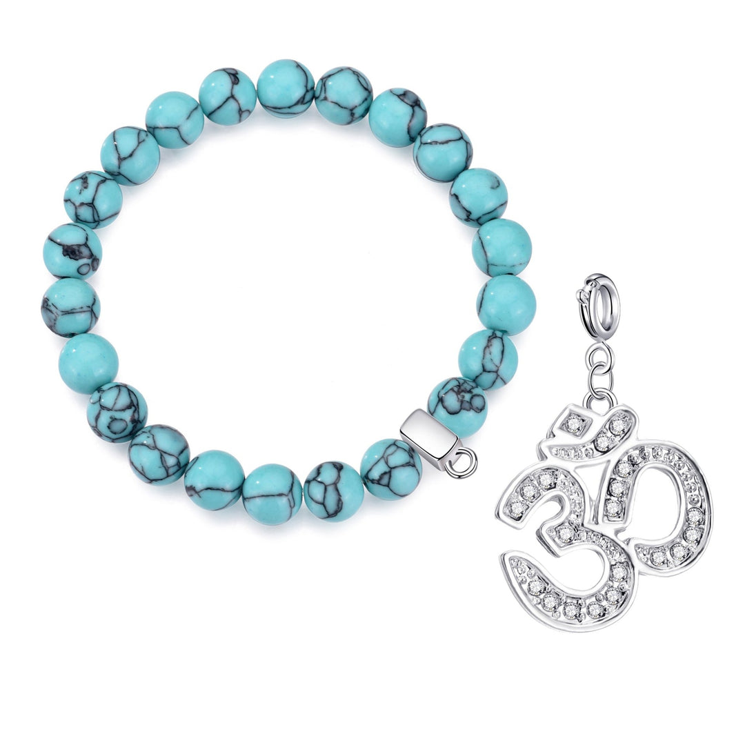 Synthetic Turquoise Gemstone Stretch Bracelet with Charm Created with Zircondia® Crystals - Philip Jones Jewellery