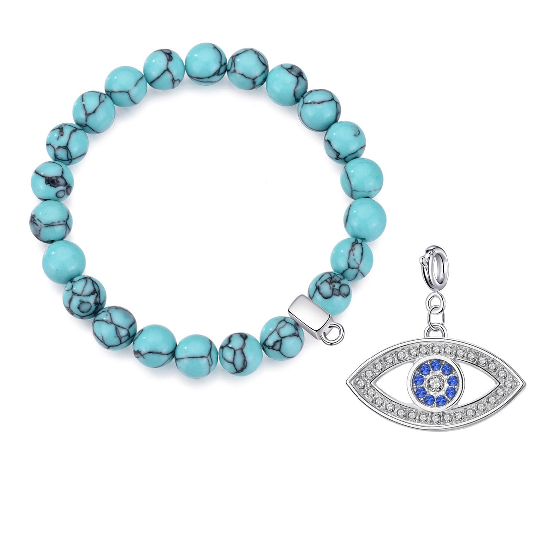 Synthetic Turquoise Gemstone Stretch Bracelet with Charm Created with Zircondia® Crystals - Philip Jones Jewellery