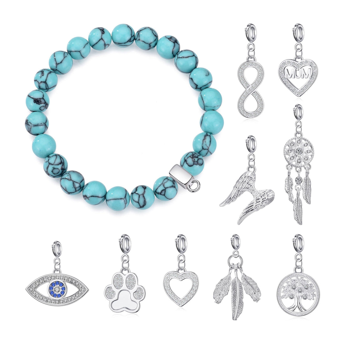 Synthetic Turquoise Gemstone Stretch Bracelet with Charm Created with Zircondia® Crystals - Philip Jones Jewellery