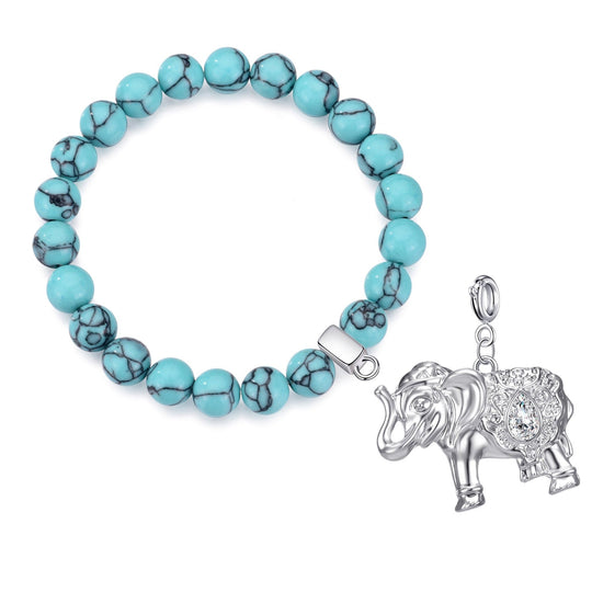 Synthetic Turquoise Gemstone Stretch Bracelet with Charm Created with Zircondia® Crystals - Philip Jones Jewellery