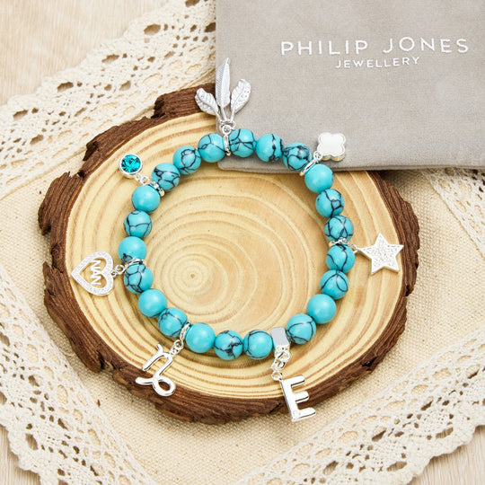 Synthetic Turquoise Gemstone Stretch Bracelet with Option of Charms - Philip Jones Jewellery