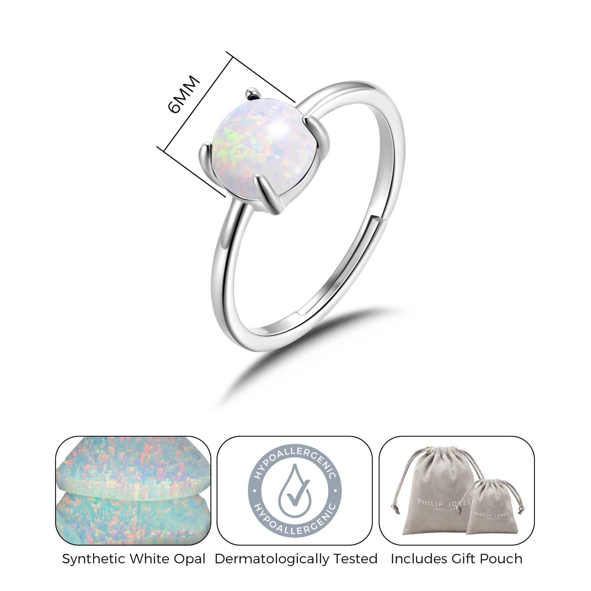 Synthetic White Opal Adjustable Ring with Quote Card - Philip Jones Jewellery