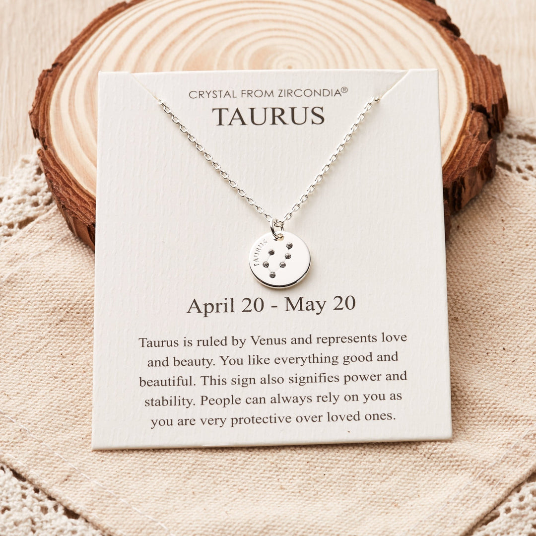 Taurus Zodiac Star Sign Disc Necklace Created with Zircondia® Crystals - Philip Jones Jewellery