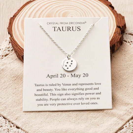Taurus Zodiac Star Sign Disc Necklace Created with Zircondia® Crystals - Philip Jones Jewellery