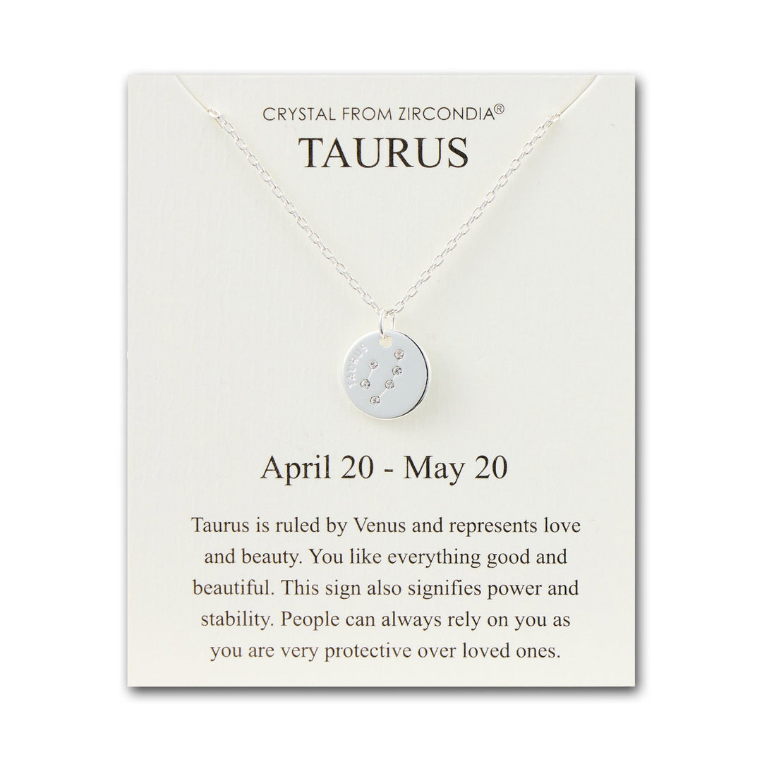 Taurus Zodiac Star Sign Disc Necklace Created with Zircondia® Crystals - Philip Jones Jewellery