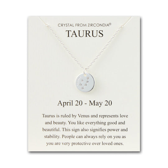Taurus Zodiac Star Sign Disc Necklace Created with Zircondia® Crystals - Philip Jones Jewellery