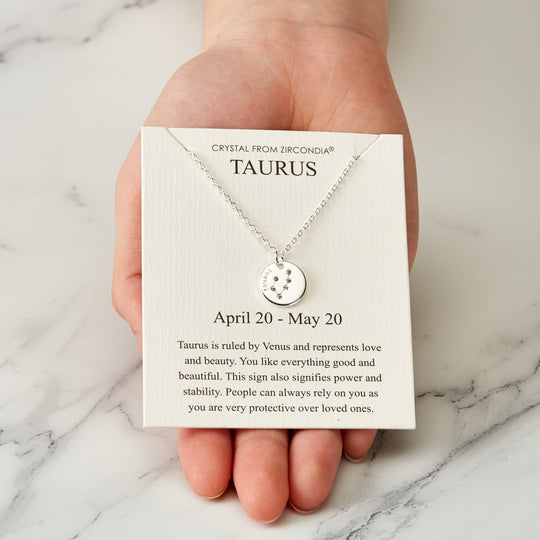 Taurus Zodiac Star Sign Disc Necklace Created with Zircondia® Crystals - Philip Jones Jewellery