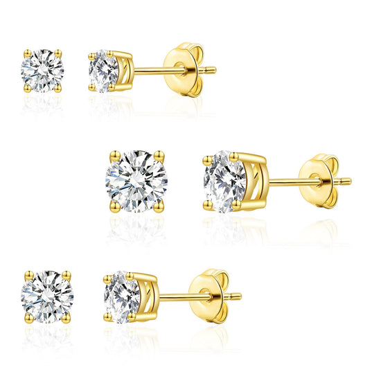 Three Pack of Gold Plated 4mm, 5mm & 6mm Earrings Created with Zircondia® Crystals - Philip Jones Jewellery