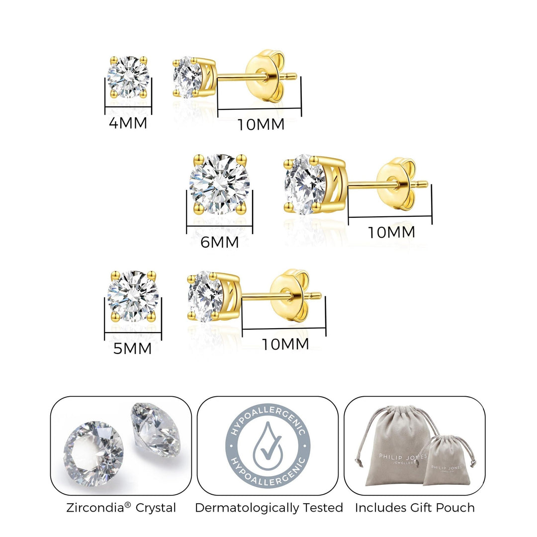 Three Pack of Gold Plated 4mm, 5mm & 6mm Earrings Created with Zircondia® Crystals - Philip Jones Jewellery