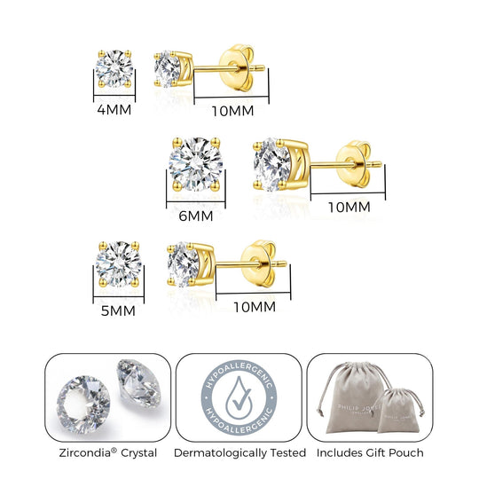 Three Pack of Gold Plated 4mm, 5mm & 6mm Earrings Created with Zircondia® Crystals - Philip Jones Jewellery