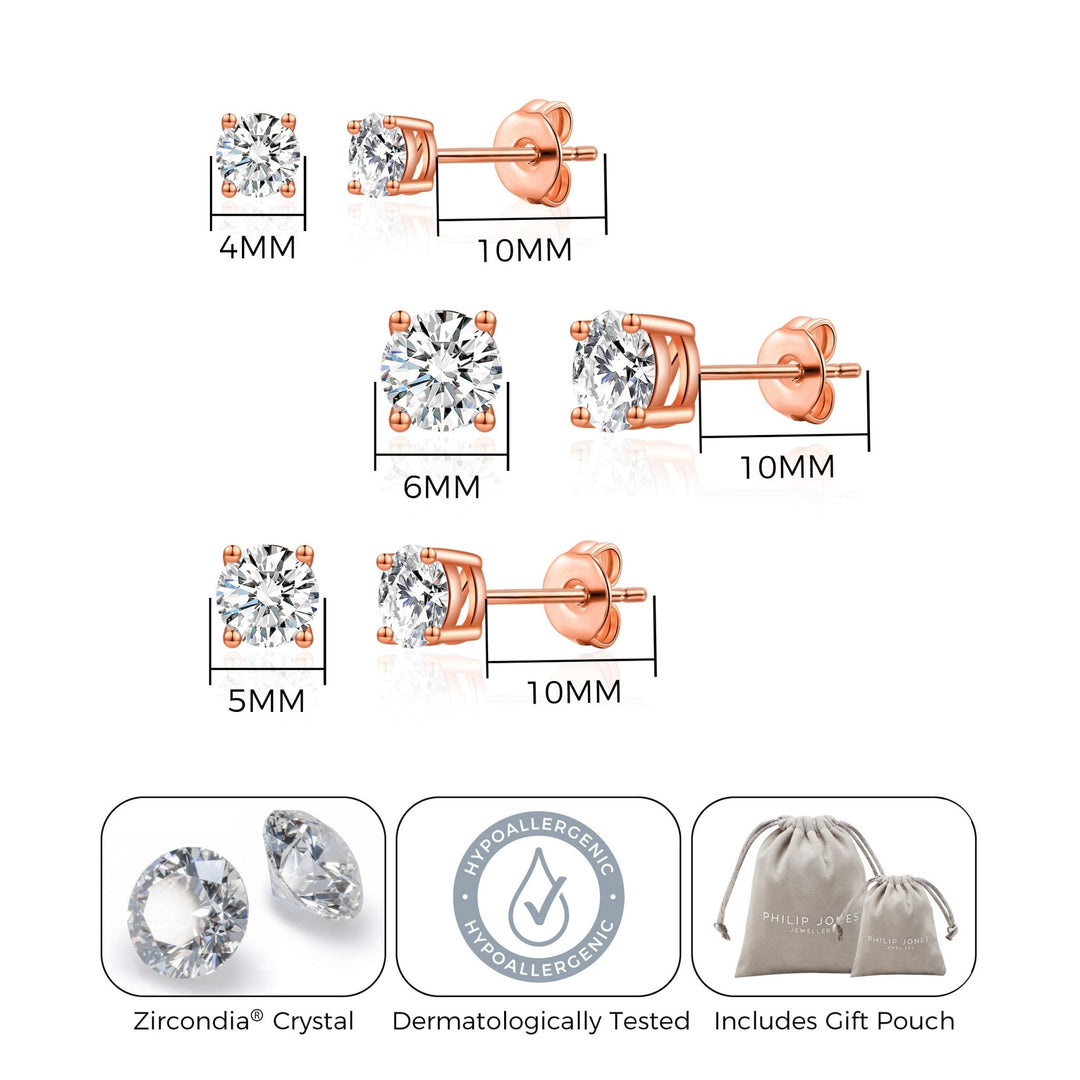 Three Pack of Rose Gold Plated 4mm, 5mm & 6mm Earrings Created with Zircondia® Crystals - Philip Jones Jewellery